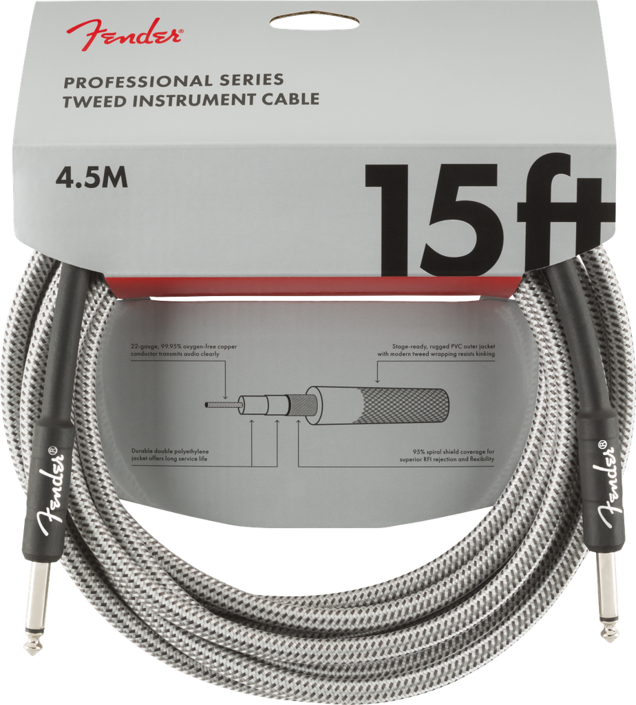 Cable de plug a plug fender professional series instrument cable, 15', white tweed 990820066