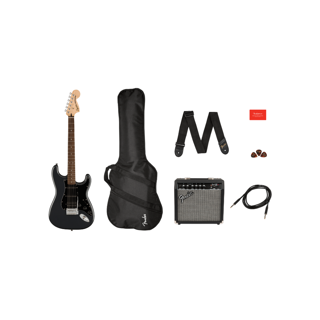 PAQUETE DE GUITARRA ELECTRICA FENDER CON ACCESORIOS Affinity Series™ Stratocaster® HSS Pack, Laurel Fingerboard, Charcoal Frost Metallic, Gig Bag, 15G - 120V 0372821069