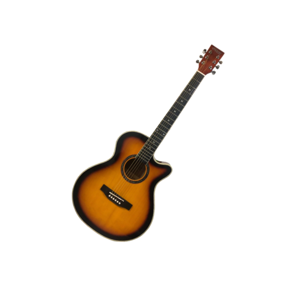 GUITARRA ELECTROACUSTICA MARCA MCCARTNEY, 40 COLOR SOMBREADO ALTO BRILLO, CON ADORNO DE CONCHANACAR EN BOCA Y BINDING, CON CORTE Y PASTILLA AP-40 CON FUNDA Y ACCESORIOS" QAG40EQSBGS