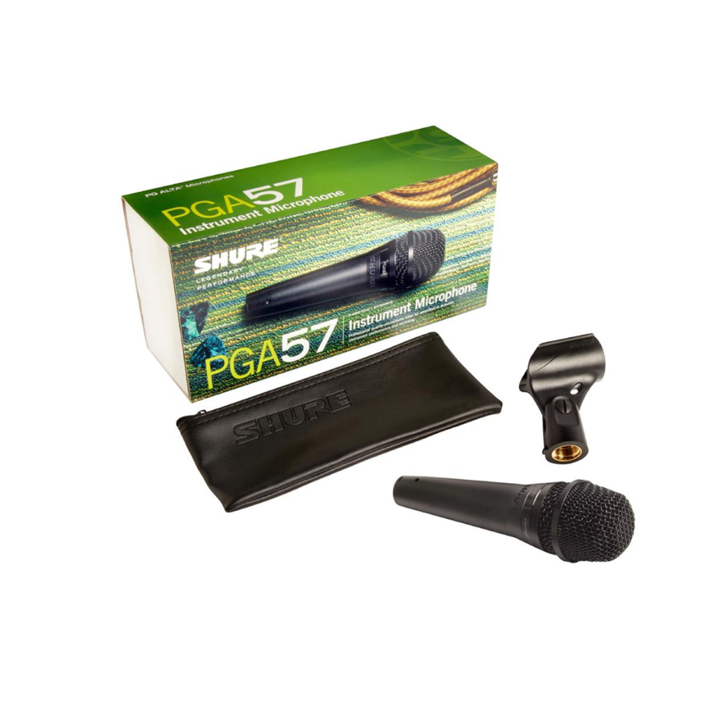 Microfono bobina movil con cable Shure PGA57-XLR. Para instrumentos, Aplicación en amplificadores de guitarra, tarolas, cable XLR, dinámico, frecuencia de 50-15,000, cardioide.