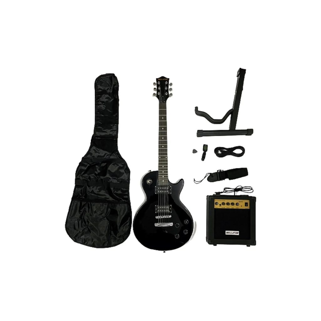 Paquete de Guitarra Eléctrica NEG10WLP-BK Paquete de guitarra eléctrica (BELLATOR) tipo Les Paul color negro; incluye amplificador de 10w, tahalí, cable, plumilla, funda, base de piso y afinador de clip." NEG10WLP-BK