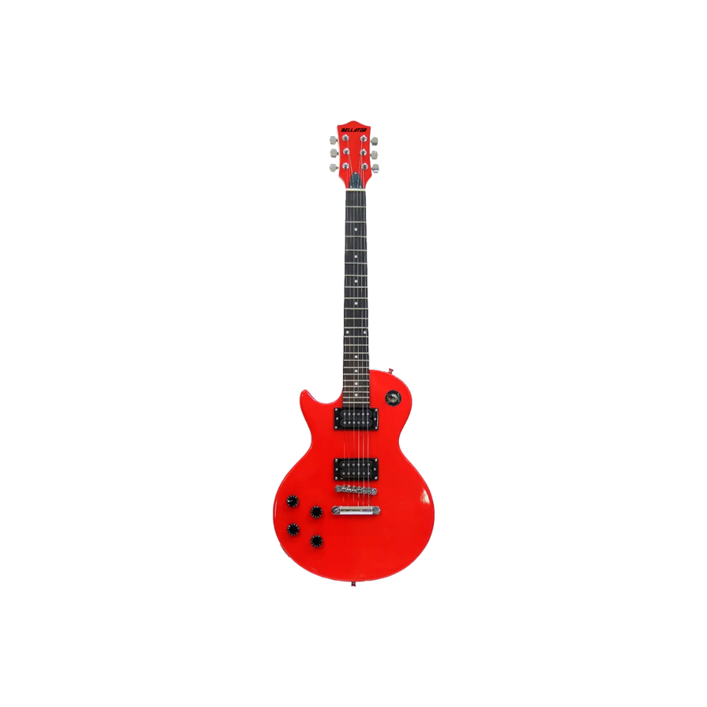 Paquete de Guitarra Eléctrica Zurda NEG10WLPL-RD Paquete de guitarra eléctrica zurda Bellator tipo Les Paul color rojo; incluye amplificador de 10w, tahalí, cable, plumilla, funda, base de piso y afinador de clip."