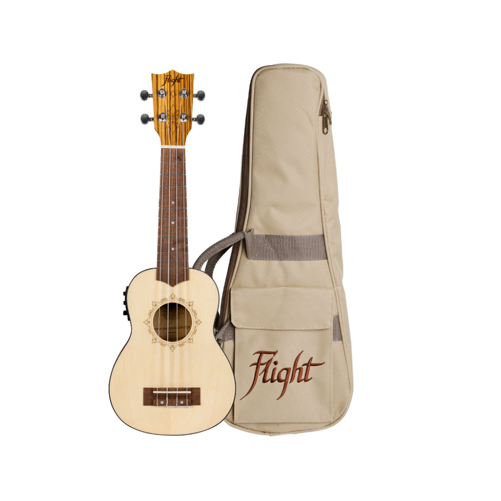 UKULELE FLIGHT ELECTROACUSTICO DUS320CEQ Ukelele electro acústico soprano, 12 trastes, tapa de abeto, aros y fondo de zebrawood, puente de palo de rosa, brazo de okoume africano, cejuela y montura de hueso, incluye funda.