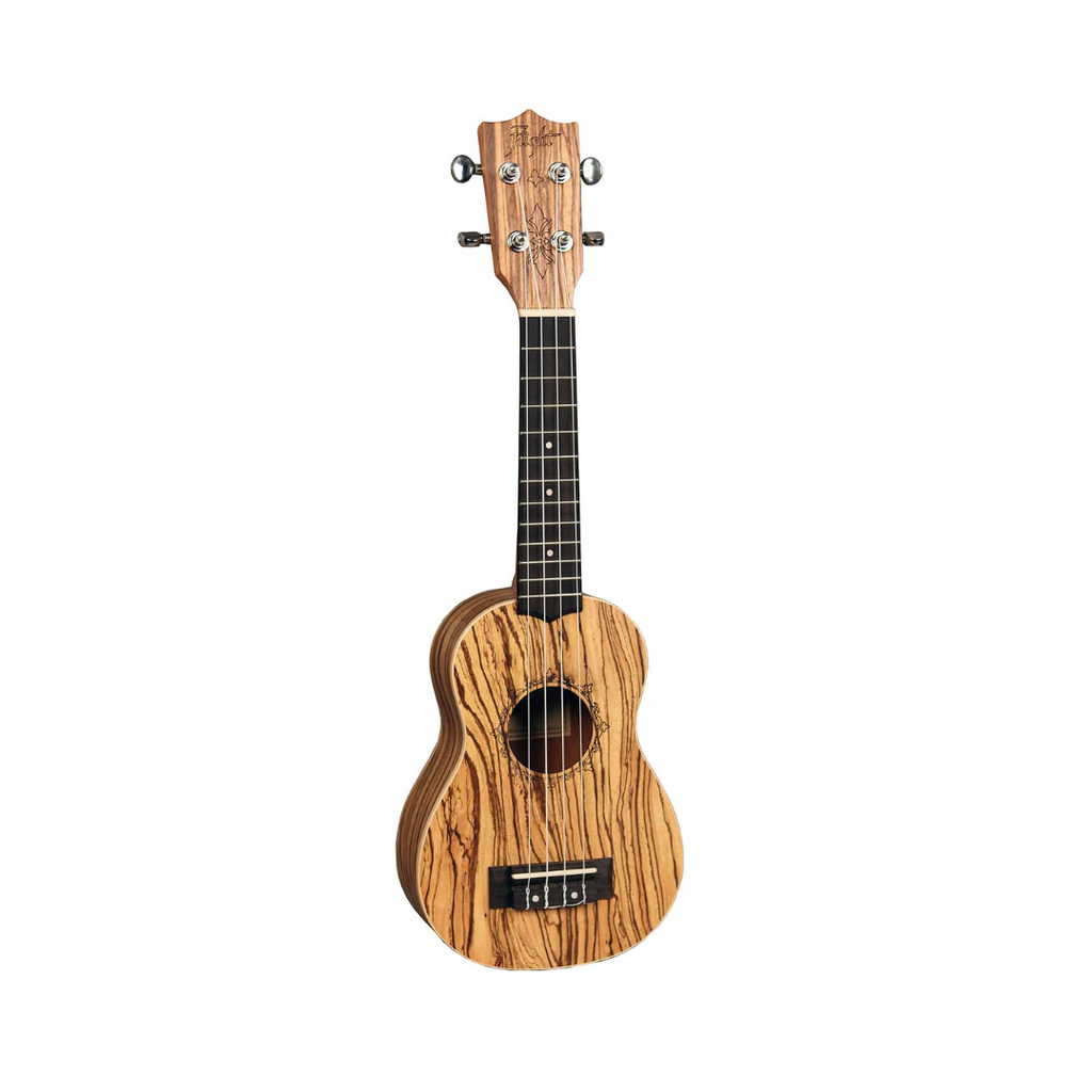 UKULELE FLIGHT SOPRANO MOD DUS322 ZEB/ZE Ukelele soprano, 12 trastes, tapa, aros y fondo de zebrawood, puente de palo de rosa, brazo de okoume africano, diapasón de palo de rosa, cejuela y montura de hueso, incluye funda.