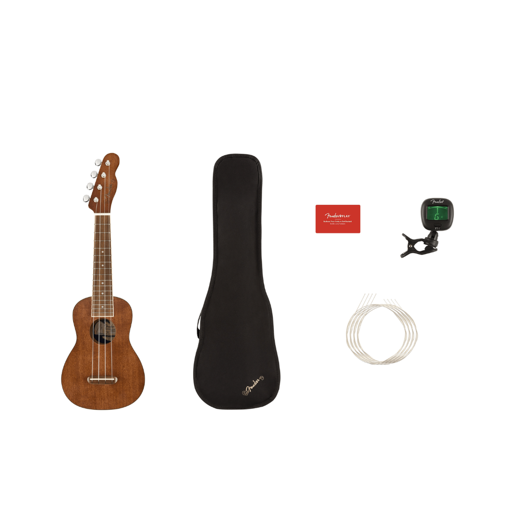 Ukulele soprano fender de caoba0971610022 seaside soprano uke pack, nat wn incluye accesorios