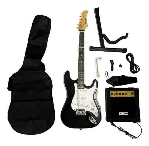 [NEG10WSTBK] PAQUETE DE GUITARRA ELECTRICA BELLATOR TIPO STRATOCASTE NEGRA CON AMPLIFICADOR Y FUNDA PACK NEG10WST-BK