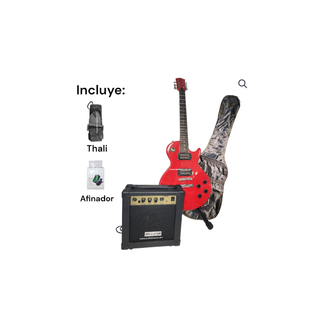 [NEG10WLPRD] Paquete de Guitarra Eléctrica NEG10WLPRD Paquete de guitarra eléctrica (BELLATOR) tipo Les Paul color rojo; incluye amplificador de 10w, tahalí, cable, plumilla, funda, base de piso y afinador de clip."