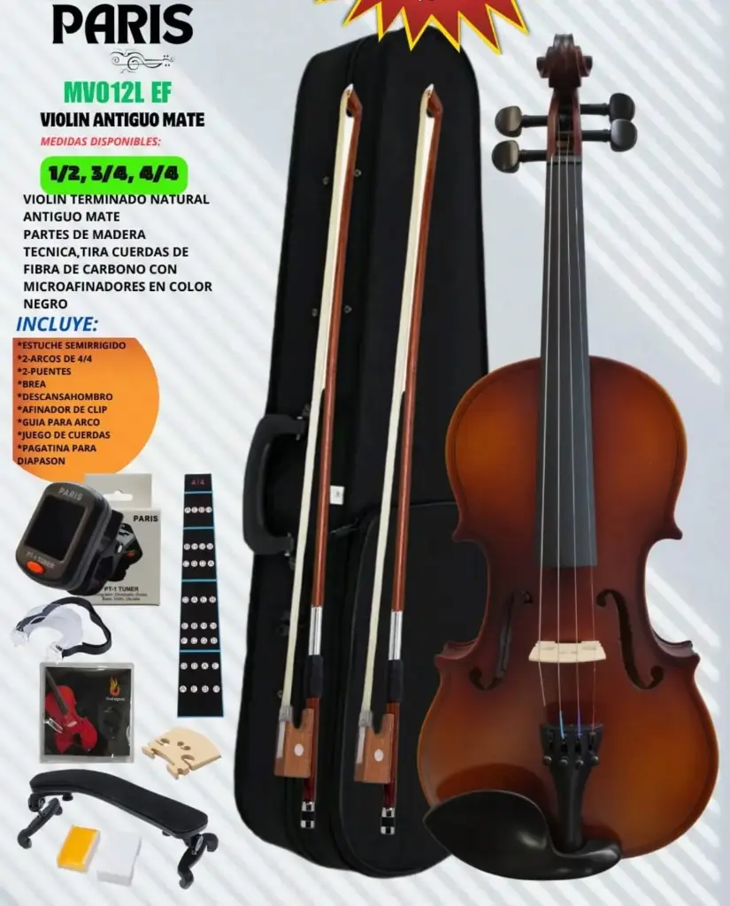 [MV012P] VIOLÍN 1/2 TERMINADO NATURAL MATE, PARTES DE MADERA TÉCNICA PLAYWOOD CON MICROAFINADORES EN COLOR NEGRO. INCLUYE ESTUCHE SEMIRRÍGIDO, 2 ARCOS 4/4, 2 PUENTES, BREA, DESCANSAHOMBRO, AFINADOR DE CLIP, GUÍA MV012P (PARIS)